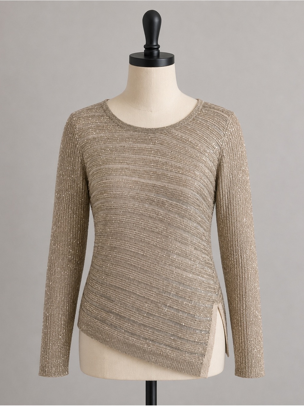 Chico’s Size 2 Metallic Gold Asymmetrical Hem Long Sleeve Knit Sweater
